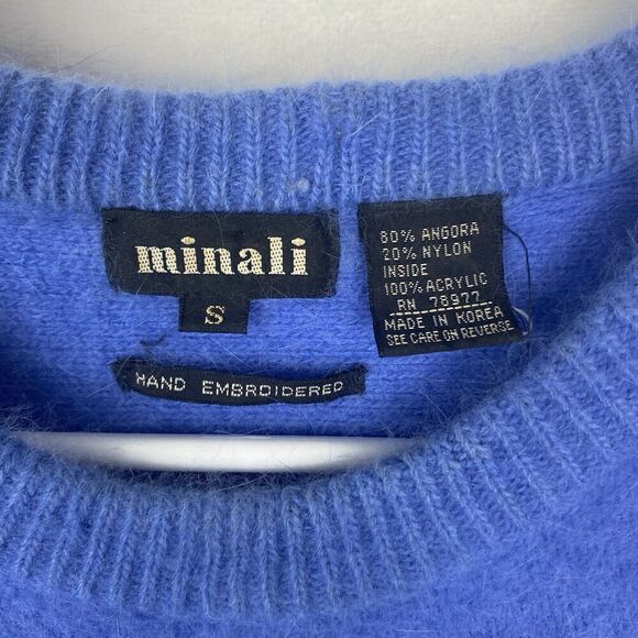 Minali Sweater Womens Small Blue Angora Hand Embroidered Lightweight Pullover - Picture 7 of 8